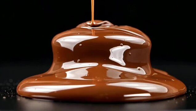 Close-up of glossy melted milk chocolate pouring and spreading into a thick pile against a dark studio background with soft highlights.