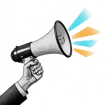 Hand holding megaphone with colorful sound waves illustration design