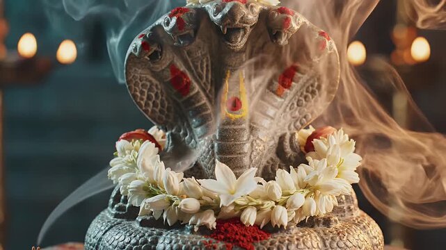 Nag Panchami Ritual with Ancient Stone Naga Deity Sculpture Adorned with Fresh Jasmine Garlands, Vermilion, and Swirling Aromatic Incense Smoke
