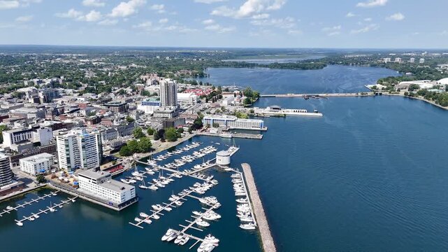 Aerial view of Kingston Ontario waterfront marina, harbor and city skyline on Lake Ontario, Canada. g.