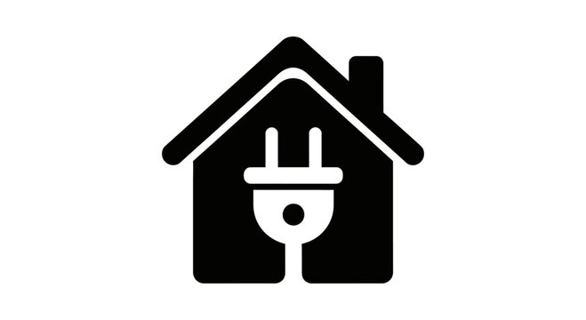 Minimalist house icon with electrical plug symbol for energy and home power concepts.