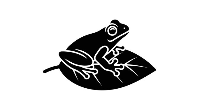 Minimalist black and white frog icon sitting on a leaf.
