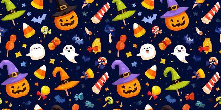 Adorable Halloween themed repeating pattern with pumpkins, witches, ghosts, and candy creating festive atmosphere