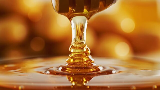 viscous golden honey dripping from a wooden dipper into a pool of sweet liquid, macro shot with bokeh background, food and beverage concept