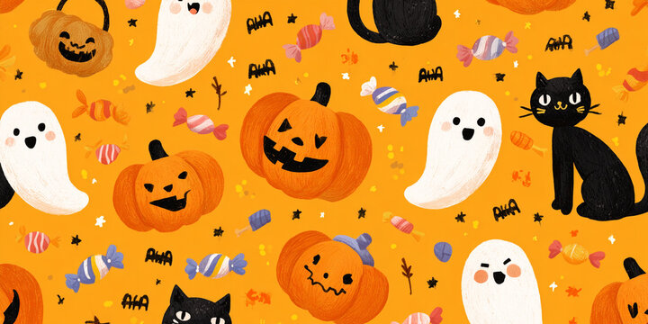 Colorful Halloween wallpaper pattern featuring pumpkins, ghosts, black cats, and candy orange background, creating festive