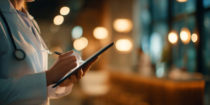 Healthcare professional reviewing patient notes on tablet in modern setting, conveying focus and professionalism