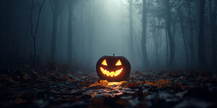 Glowing pumpkin in dark forest, creating spooky atmosphere for Halloween night