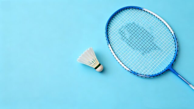 Badminton Racket and Shuttlecock on Blue Background Minimal Sports Concept