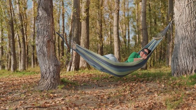 Quiet grove with relaxing hammock. Serene forest sanctuary featuring calming hammock and gentle wind. Tranquil woodland refuge with peaceful hammock surrounded by gentle breezes and lush trees