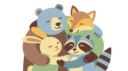 Naklejka premium Four cute cartoon forest animals, a bear, fox, rabbit, and raccoon, happily hugging each other in a warm embrace, illustrating friendship and togetherness.