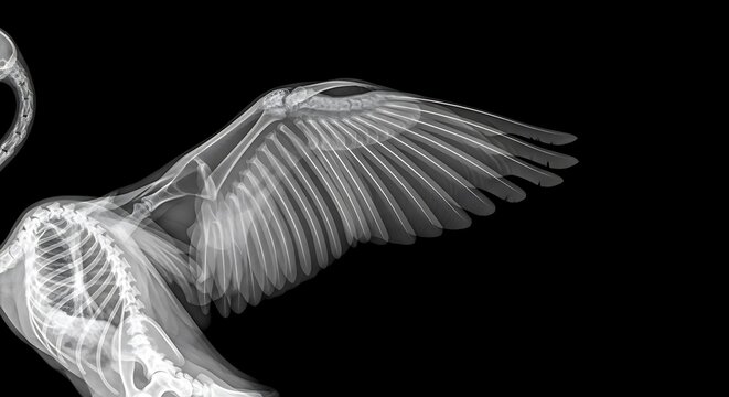 Avian skeletal structure and wing bones revealed in monochrome radiograph showing intricate joints against dark background. Ideal for professional veterinary clinical educational materials.