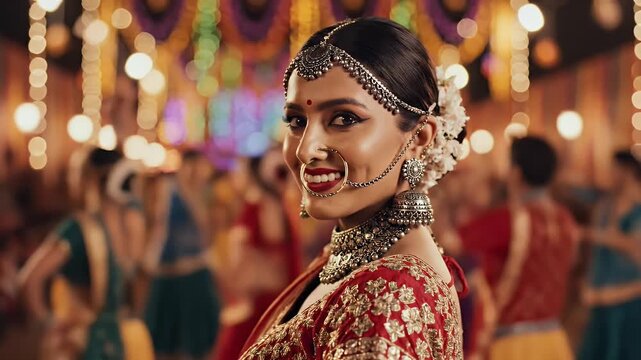 Beautiful Young Indian Woman Wearing Heavy Silver Oxidized Jewelry and Traditional Nose Ring for Navratri Festival and Garba Celebration