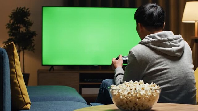 A person is sitting on a sofa, playing a video game on a large television screen with a green background, with a bowl of popcorn nearby
