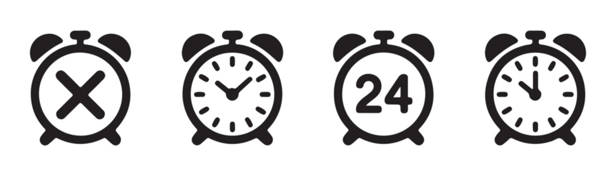 Set of alarm clock icons with cross mark and twenty four hour symbols for time management in flat vector illustration.
