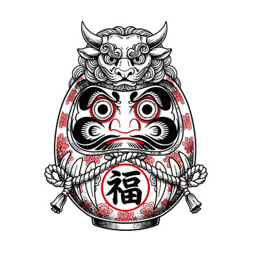 A detailed illustration of a traditional Japanese Daruma doll with a fierce lion-like mask on top, adorned with red floral patterns and a rope.