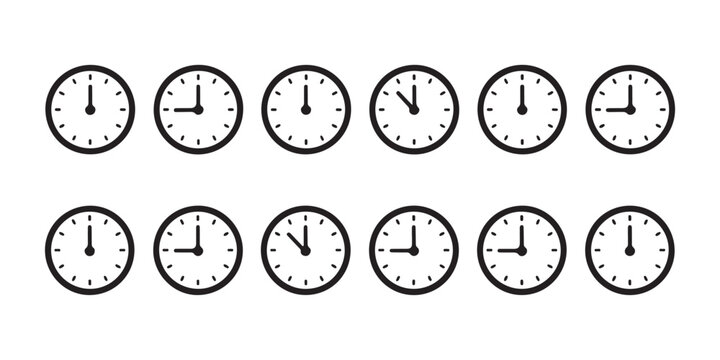 Universal clock face icons displaying various times of day for time zone and appointment scheduling templates.