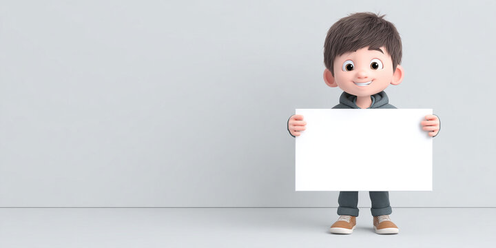 Cute boy smiling and holding large blank sign in simple, modern setting. His cheerful expression adds playful touch