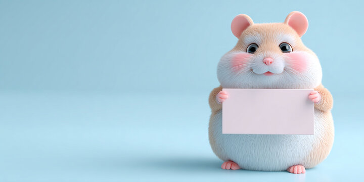 Adorable cartoon hamster with chubby cheeks holding blank sign, showcasing cute expression in pastel background