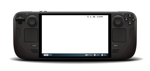 Photorealistic detailed portable console mockup template. Front view with empty screan isolated on transparent background. Vector PNG © boxerx