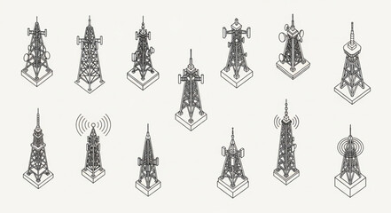 Fototapeta premium Collection of Cell Towers and Communication Antennas Isolated on White Background.