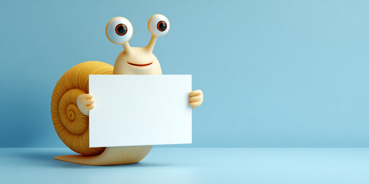 Cute smiling snail holding empty white sign against blue background, radiating joy and playfulness