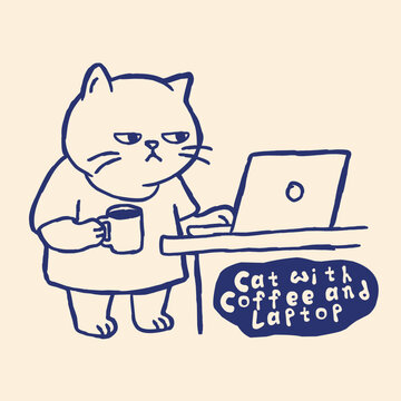 Grumpy Cat Holding Coffee Working on Laptop - Moody Office Cat Hand Drawn Doodle Black White Cream Vector