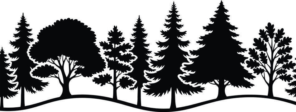 Black Forest Trees Silhouette on White Background