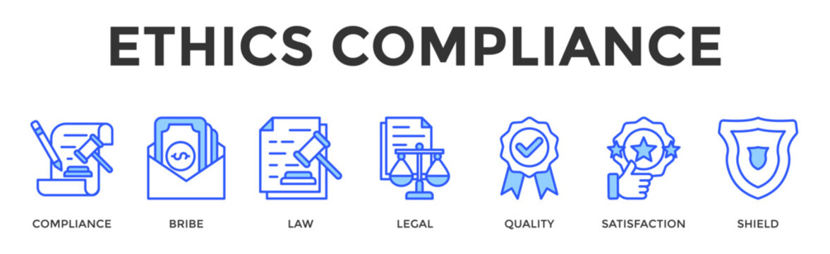 Ethics Compliance  Banner Web  Icon Set Collection Pack Vector Illustration Concept Containing Compliance, Bribe, Law, Legal, Quality, Satisfaction, Shield
