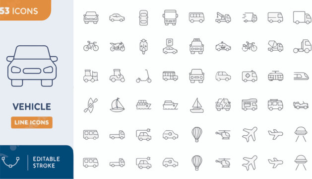 Collection of clean line art vehicle icons with editable stroke for graphic design