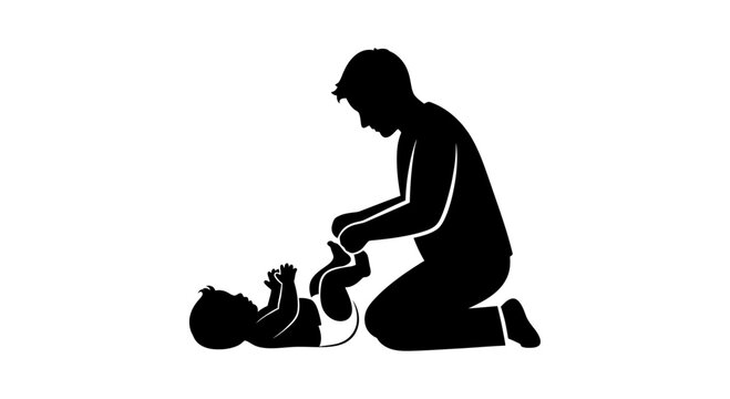 Silhouette of a father changing a baby diaper on the floor.