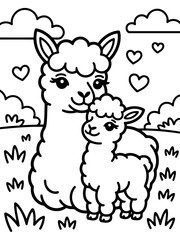 Fototapeta premium A Mother's Affection: A heartwarming illustration of a mother alpaca embracing her baby, framed by tender hearts and gentle clouds, conveys the sweet essence of love and care.