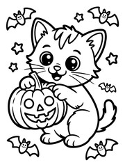 Fototapeta premium Halloween Cat with Pumpkin: A charming cartoon cat, holding a carved pumpkin, is surrounded by playful bats and stars, evoking the spirit of Halloween. 