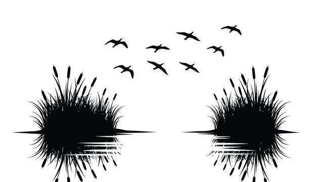 silhouette of cattails and flying birds against a white background minimalist nature scene high quality professional detailed modern elegant stylish clean crisp vibrant colorful