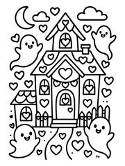 Naklejka premium Spooky House with Ghosts: A whimsical and enchanting scene unfolds with a charming house surrounded by cheerful ghosts, hearts, a crescent moon, and clouds.
