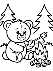 Fototapeta premium Teddy Bear Camping: A cute teddy bear enjoys a camping experience by a cozy bonfire. A sweet scene for kids with black and white style.