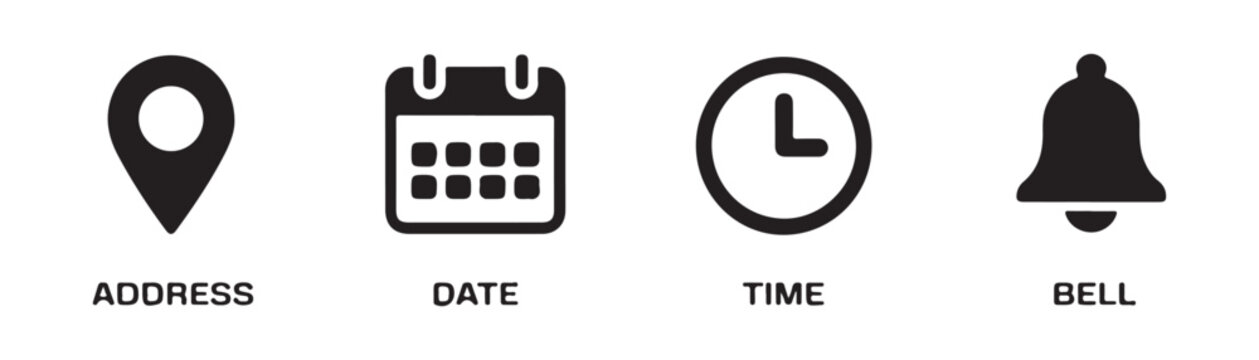 Set of four interface icons including location pin calendar clock and bell for website dashboard layouts.