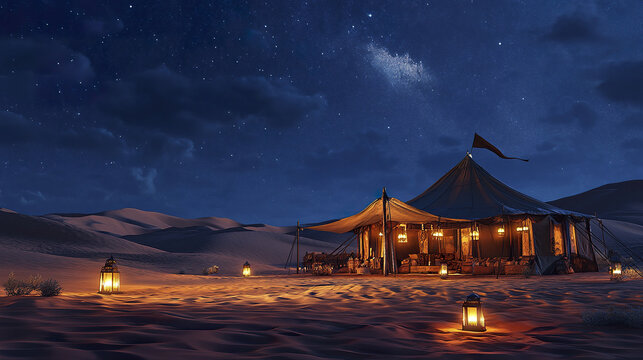 Glowing desert camp under starry night sky with large traditional tent illuminated by warm lantern light, surrounded by sand dunes and peaceful atmosphere