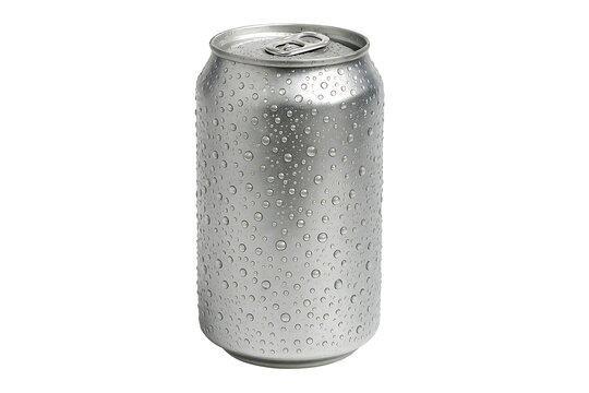 Aluminum beverage can with water droplets and cold texture isolated on transparent background