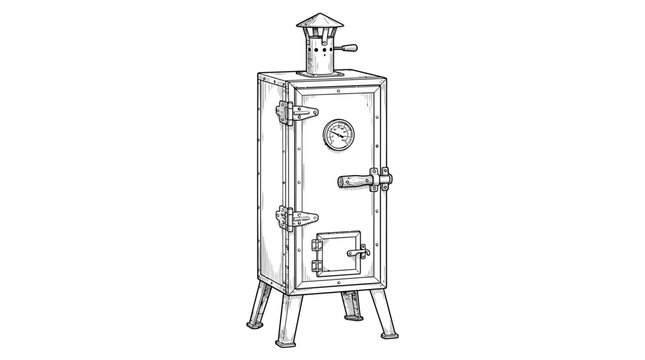 Hand drawn sketch of a vintage outdoor vertical meat smoker oven with chimney and temperature gauge, perfect for culinary blog illustrations, restaurant menu design and food brochures