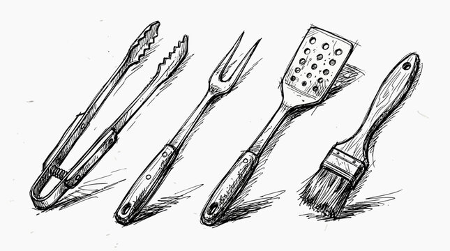 Hand drawn sketch of barbecue grilling tools with tongs, fork, spatula and brush on white background, perfect for restaurant menu design, outdoor cooking blog and rustic culinary branding