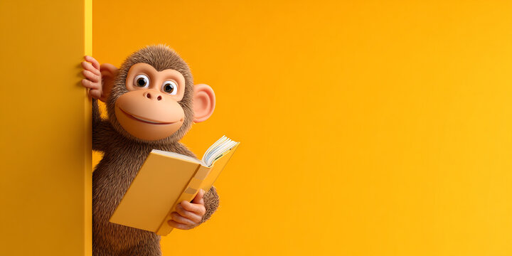 Cute monkey holding book and smiling against bright yellow background