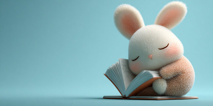 Cute rabbit curled up with open book, exuding sense of calm and coziness