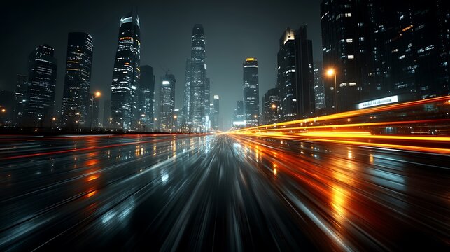Futuristic city night scene with neon light streams and low-angle perspective, urban big data visualization background