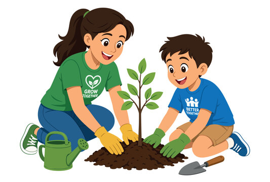 Mother and son planting a tree together outdoors.