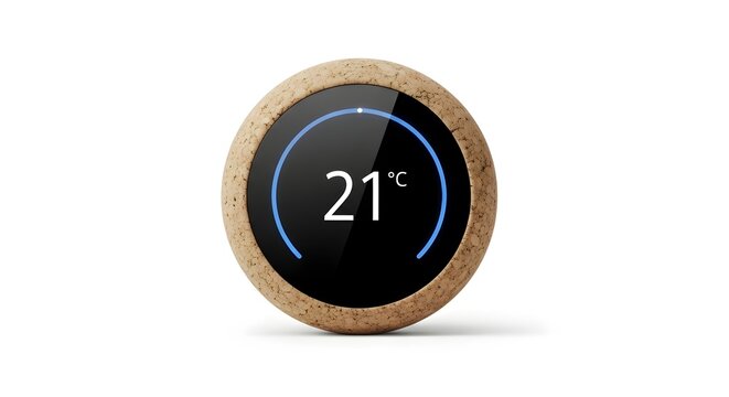 Round smart thermostat control dial displaying twenty one degrees Celsius on a cork base and stand.
