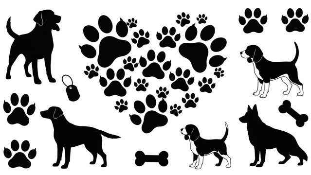 Black and white dog paw prints and silhouettes vector illustration Vector