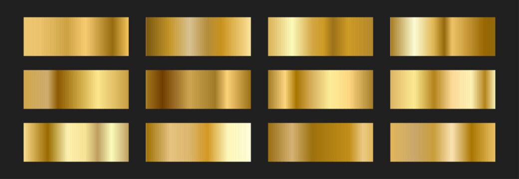 Chrome effect with Gold gradient. Elegant golden bright swatch collection. Metallic color on dark paper. Vector illustration.
