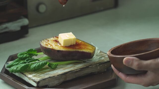 Drizzling Honey over Roasted Sweet Potato