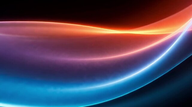 Vibrant glowing neon light waves curve across a dark space