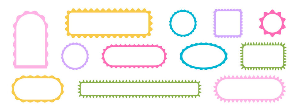 Set of colorful geometric frames with wavy borders. Scalloped shapes. Empty laced text boxes, tags or banner templates isolated on white background. Vector flat illustration.